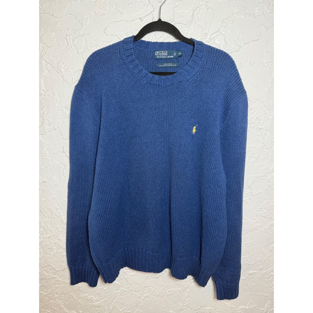 Polo Ralph Lauren Mens XL Blue Cotton Shaker Knit Crewneck Sweater Yellow Pony